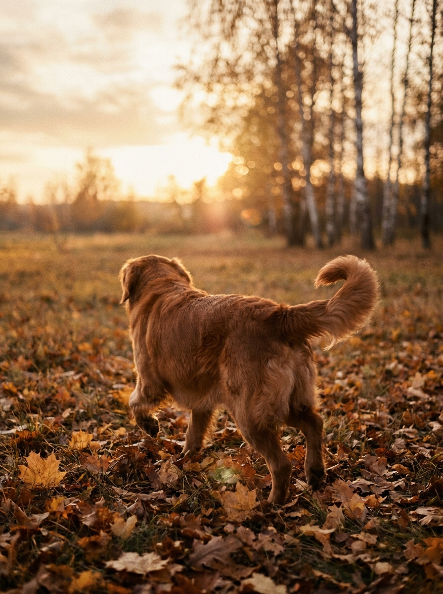 Golden retriever running through a sunlit autumn meadow, memorial tribute