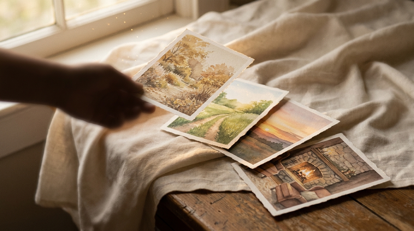Choosing a scene from a set of warm memorial landscape postcards