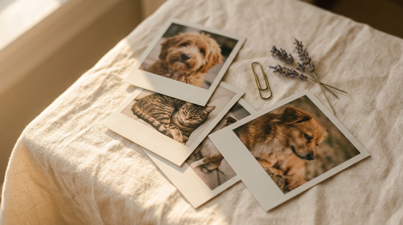 A small collection of printed pet photos laid out gently on linen