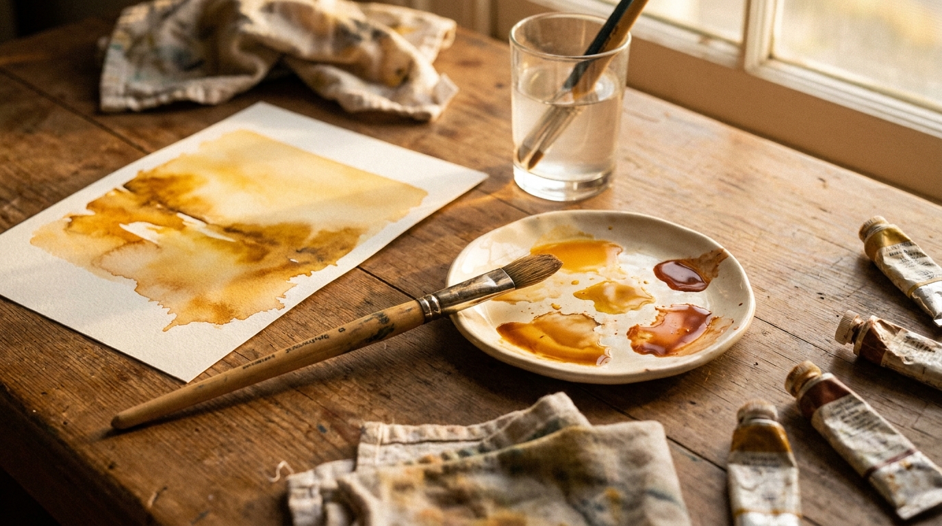 A painter's palette and brush beside a warm memorial study